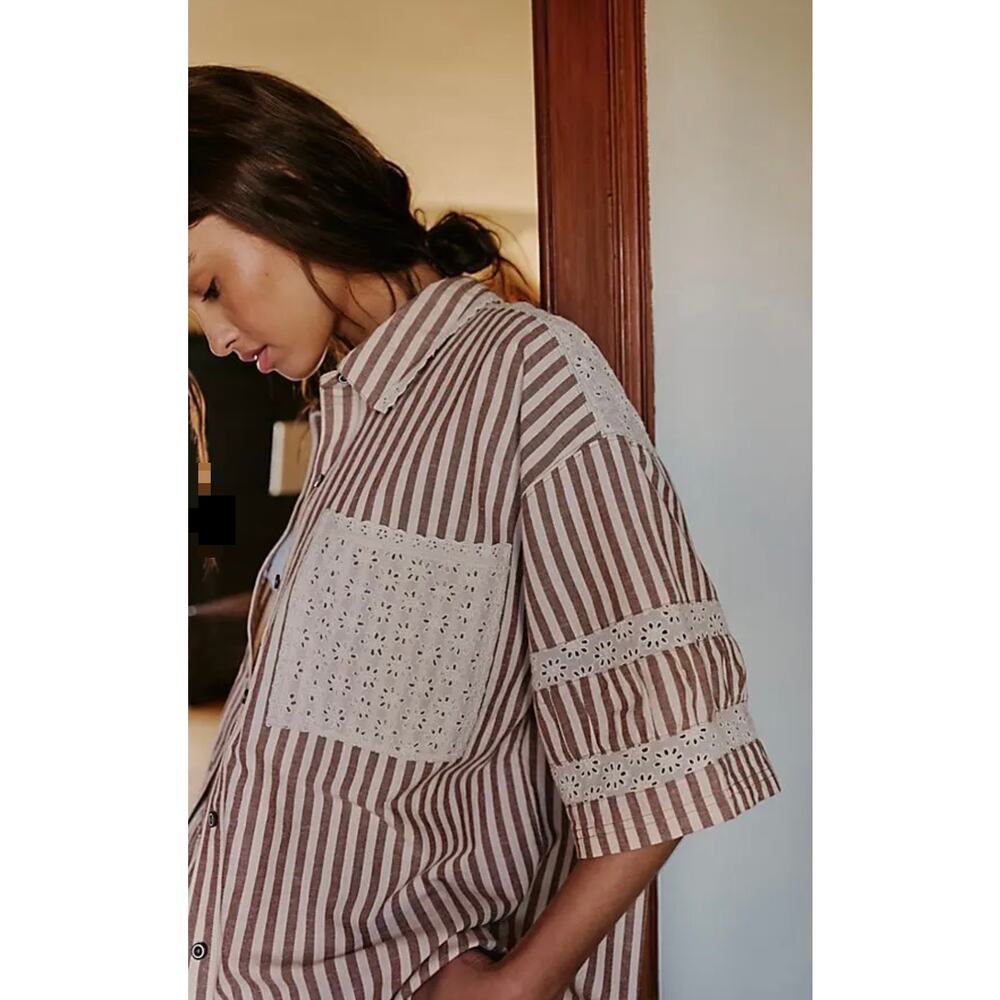 NEW Intimately Free People Neutral Combo Brown Stripe Clear Skies Lounge Shirt - Picture 2 of 10